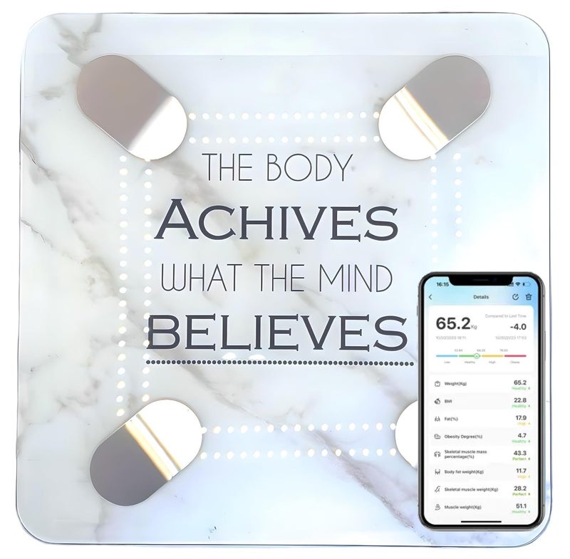 Body Basics Bluetooth Smart Scale - Digital Bathroom Scale with BMI & Body Fat Monitor, Health Analyzer, 400 lbs Capacity, Smartphone App Compatible (The Body Achieves What The Mind Believes) - Image 1